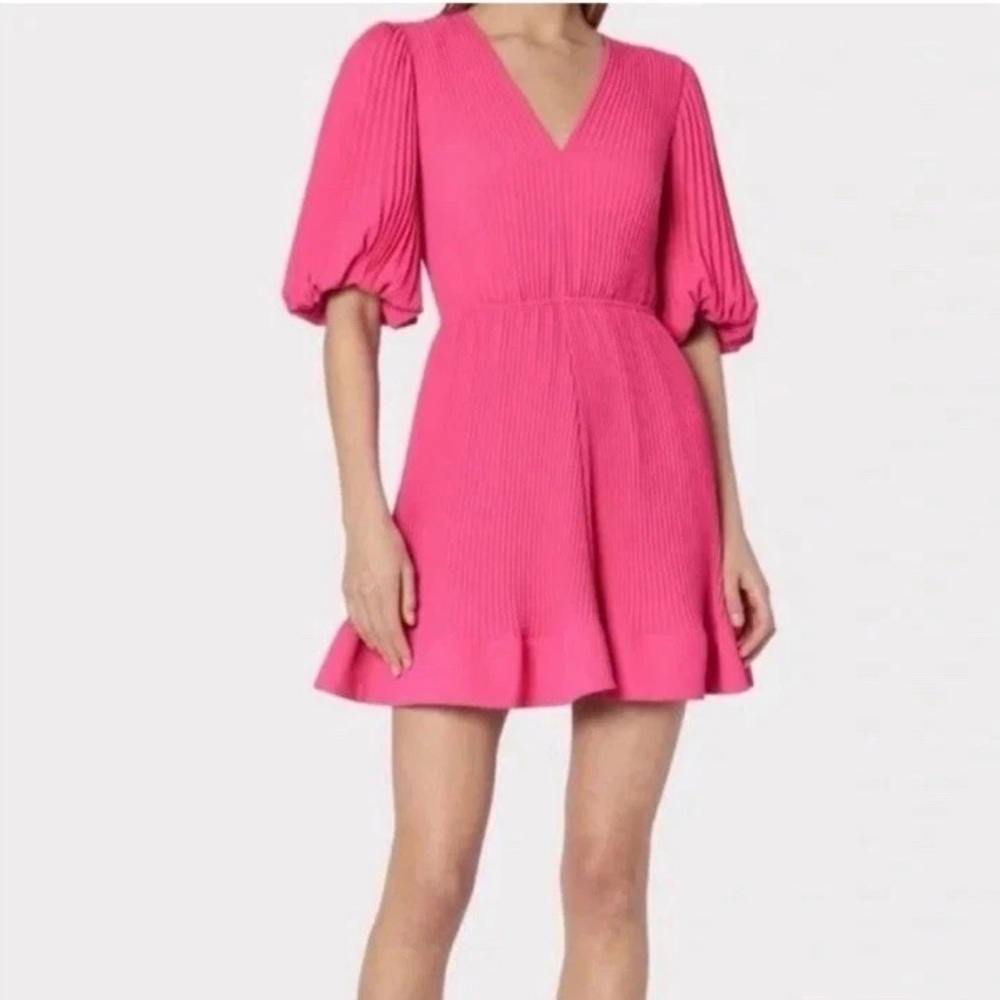 Milly Elle Pleated Mini Dress Hot Pink Size 2 V-Neck Puff Sleeve Party Cocktail